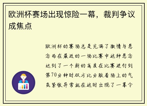 欧洲杯赛场出现惊险一幕，裁判争议成焦点
